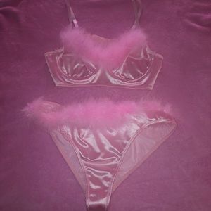 satin pink marabou bra and panties set